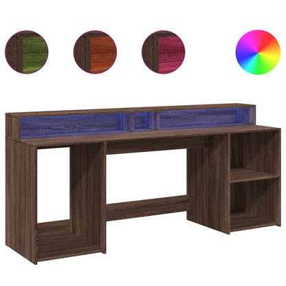 Desk with LED lighting 200x55x91 cm wood brown oak color