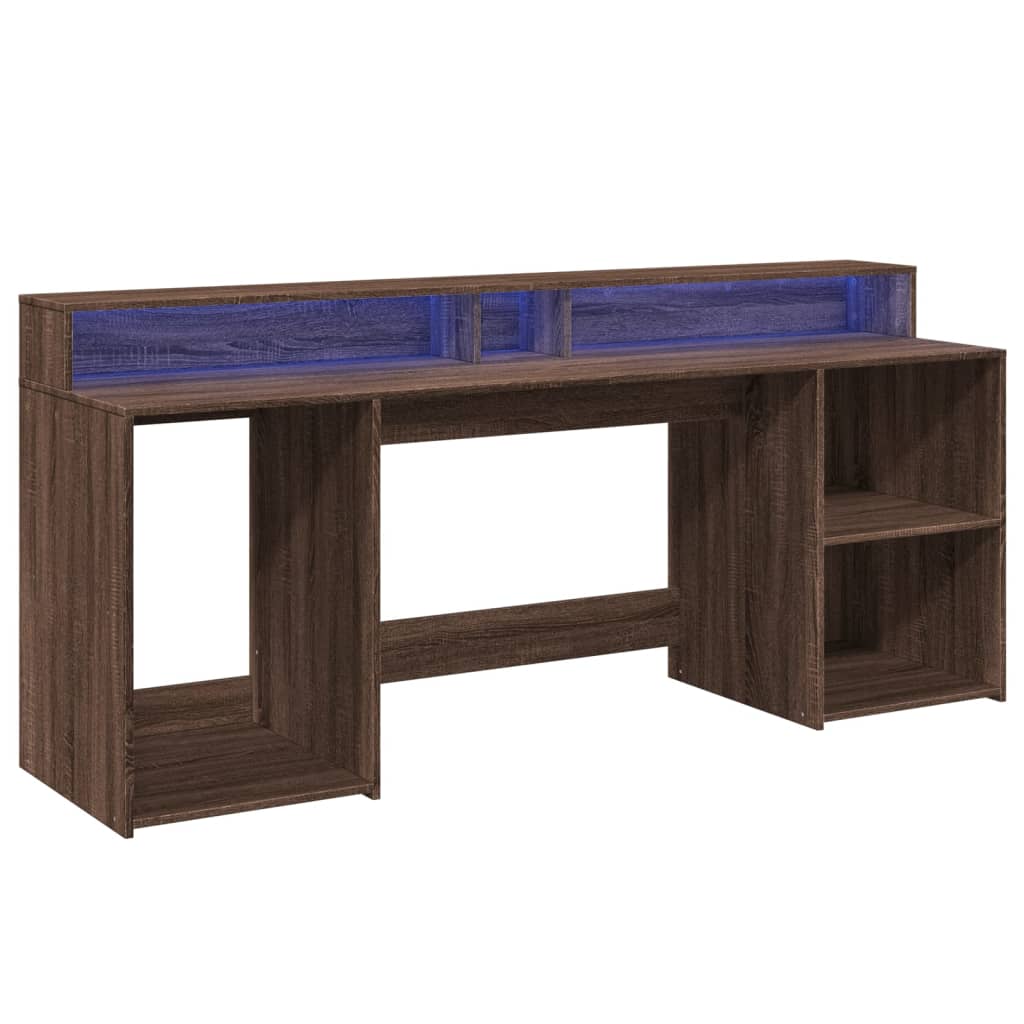 Desk with LED lighting 200x55x91 cm wood brown oak color