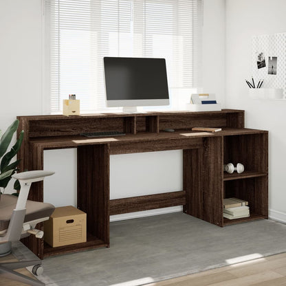 Desk with LED lighting 200x55x91 cm wood brown oak color