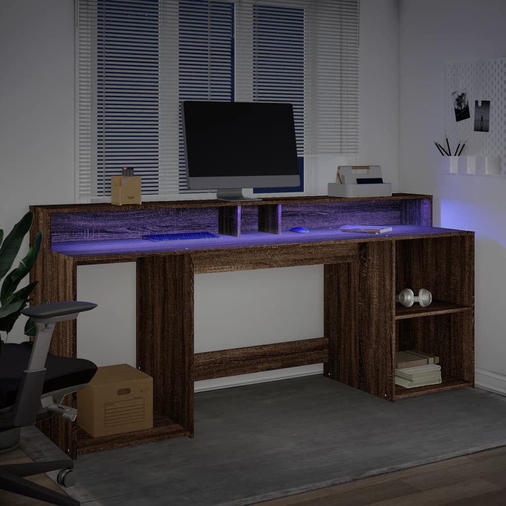 Desk with LED lighting 200x55x91 cm wood brown oak color