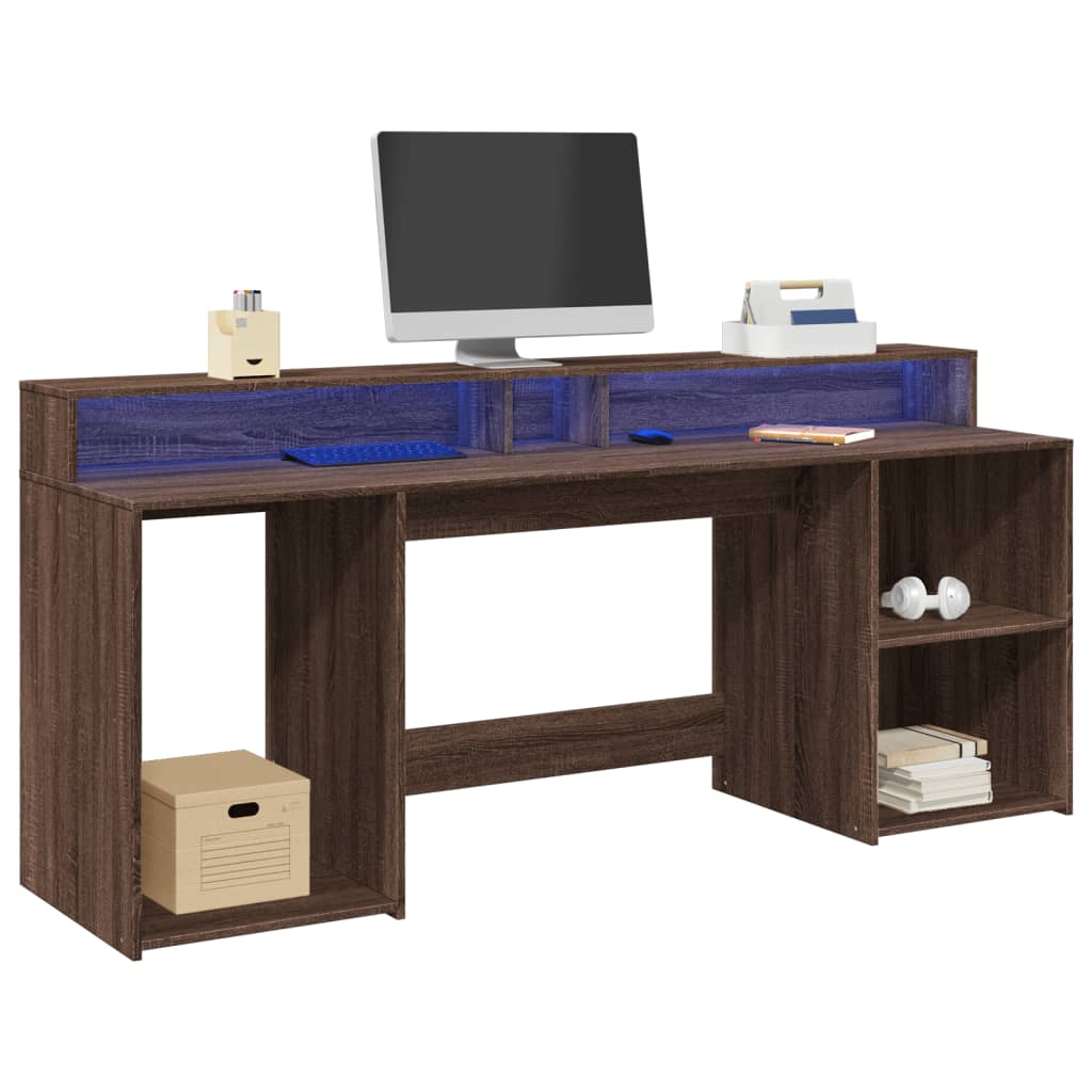 Desk with LED lighting 200x55x91 cm wood brown oak color