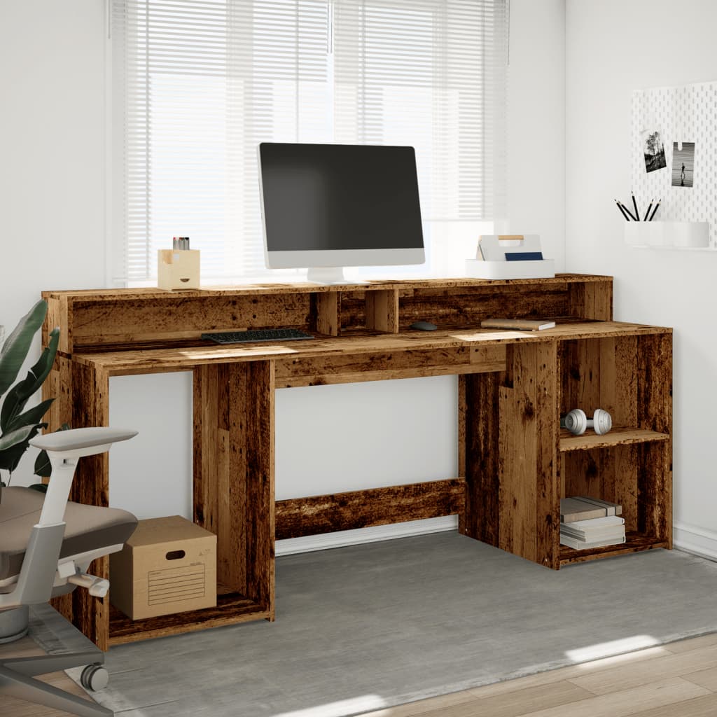 Desk with LED lighting 200x55x91 cm processed wood old wood