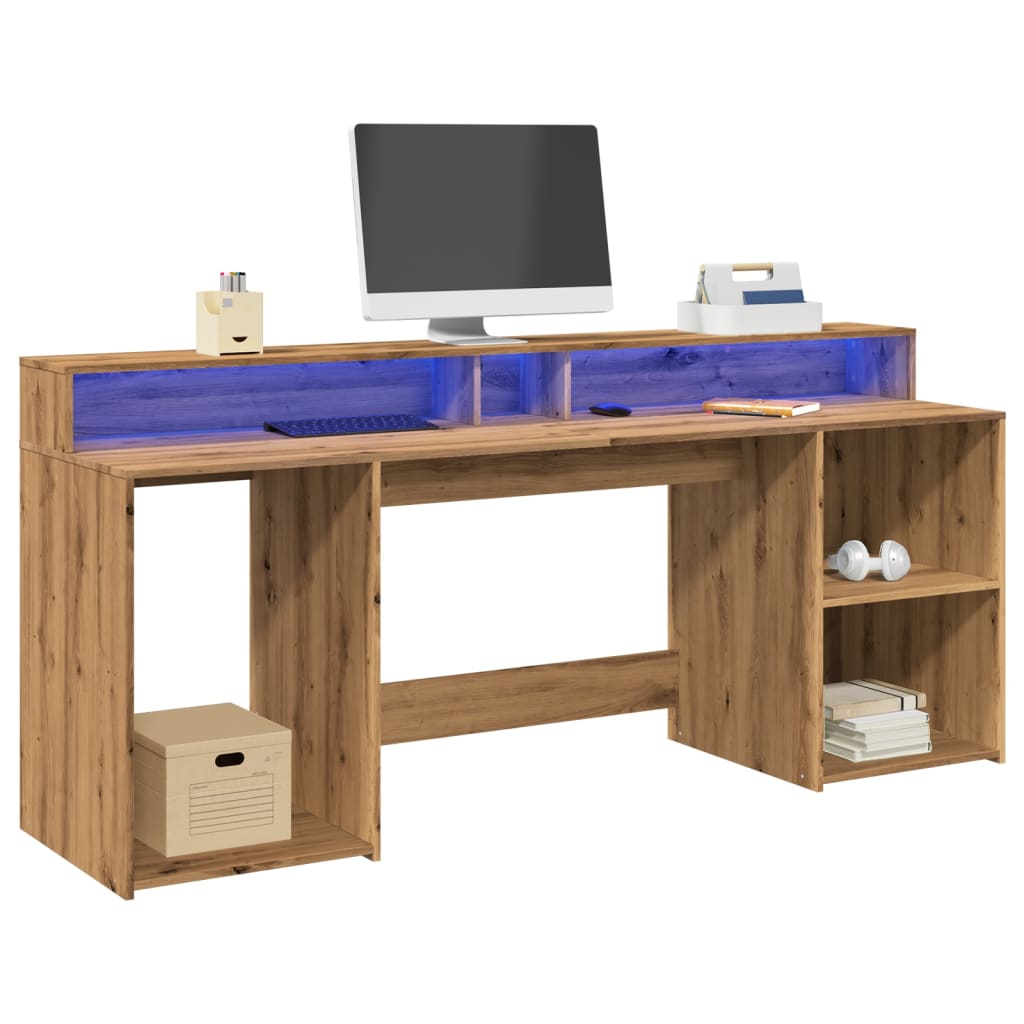 Desk with LED lighting 200x55x91 cm wood artisanal oak