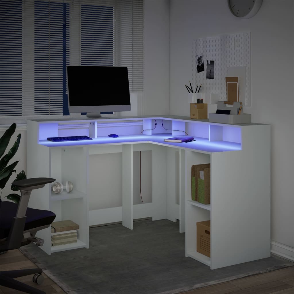 Desk with LED lighting 130x130x91 cm processed wood white