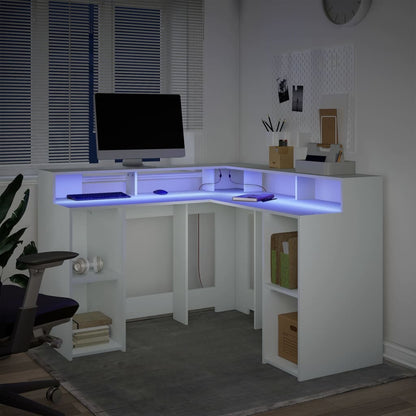 Desk with LED lighting 130x130x91 cm processed wood white