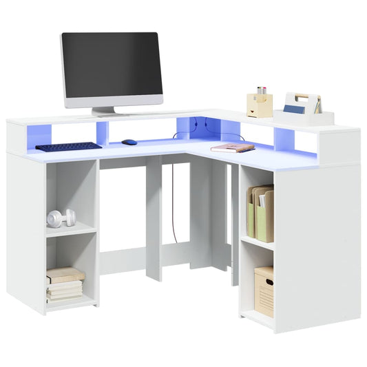 Desk with LED lighting 130x130x91 cm processed wood white