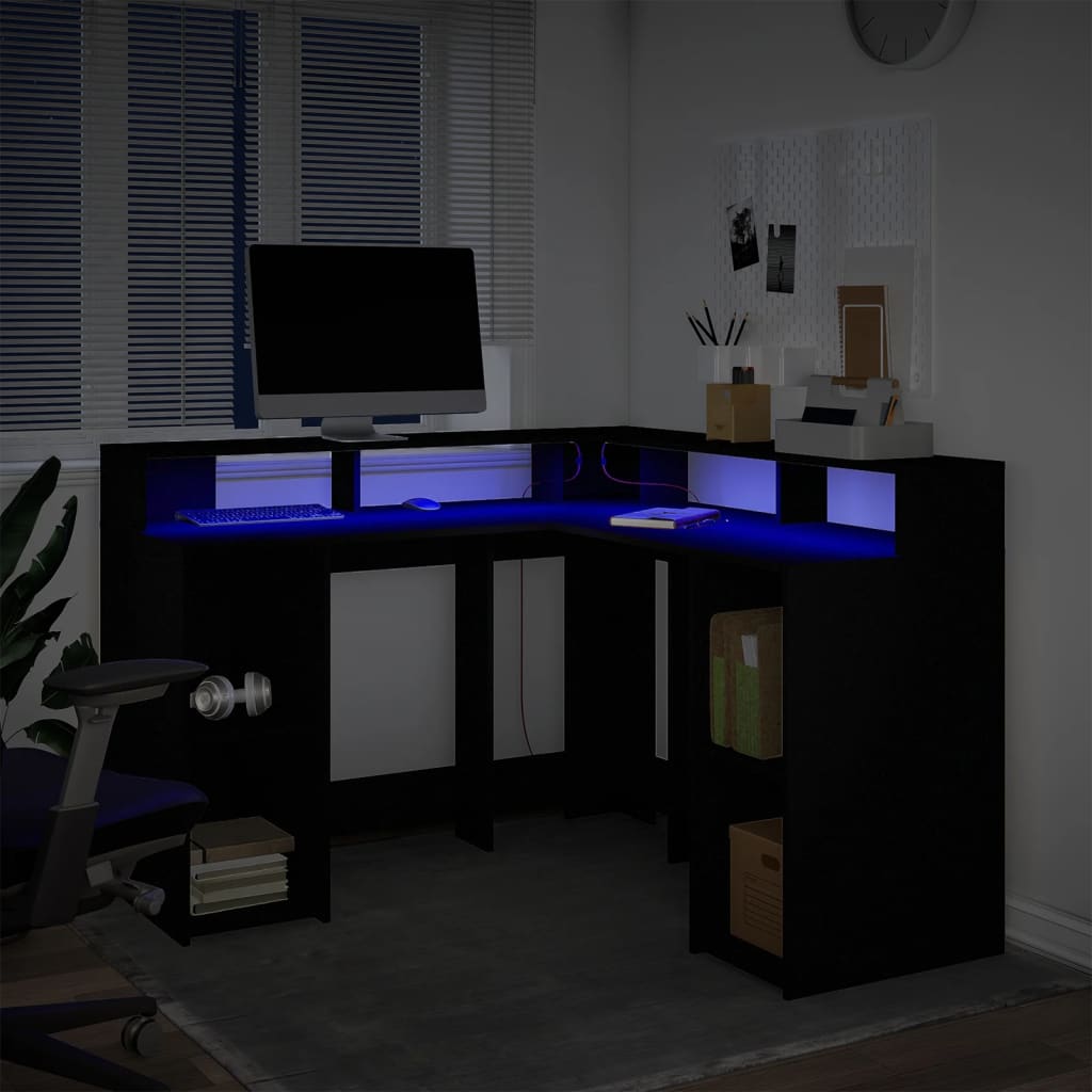 Desk with LED lighting 130x130x91 cm processed wood black