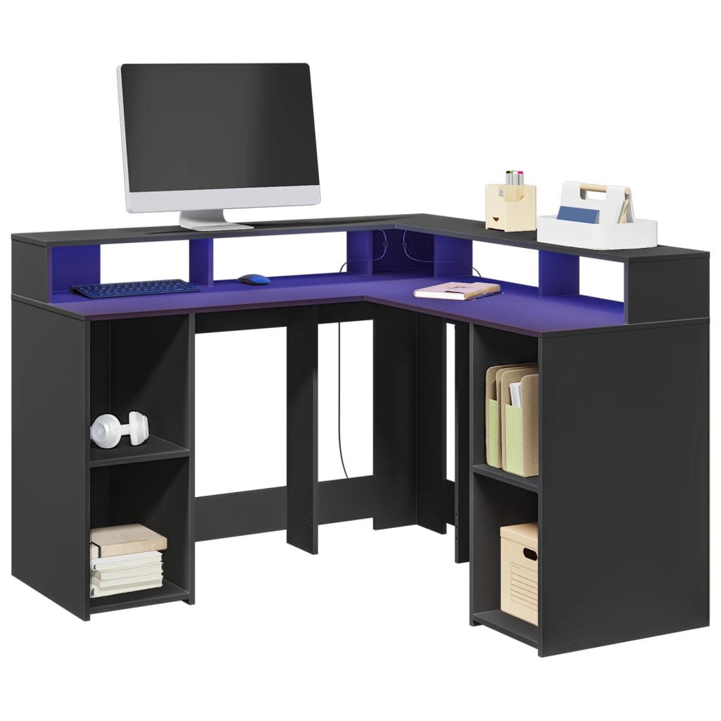 Desk with LED lighting 130x130x91 cm processed wood black