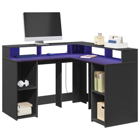 Desk with LED lighting 130x130x91 cm processed wood black
