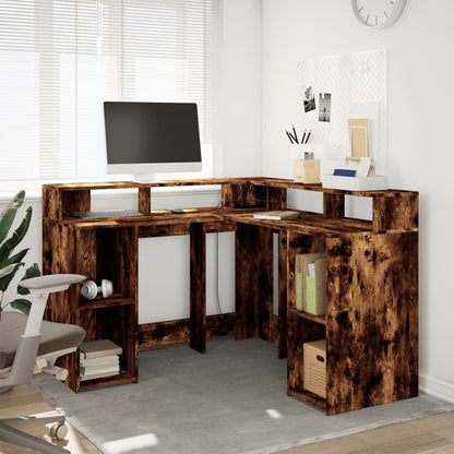 Desk with LED lighting 130x130x91 cm wood smoked oak