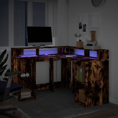 Desk with LED lighting 130x130x91 cm wood smoked oak