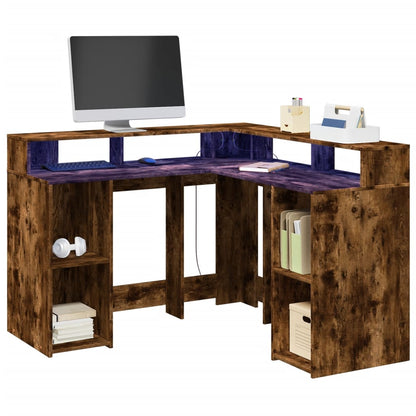 Desk with LED lighting 130x130x91 cm wood smoked oak
