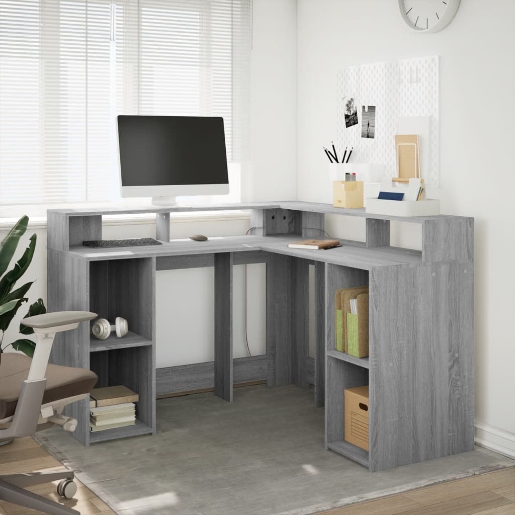 Desk with LED lighting 130x130x91 cm wood gray sonoma