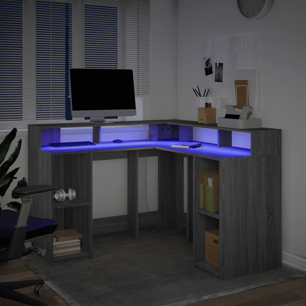 Desk with LED lighting 130x130x91 cm wood gray sonoma