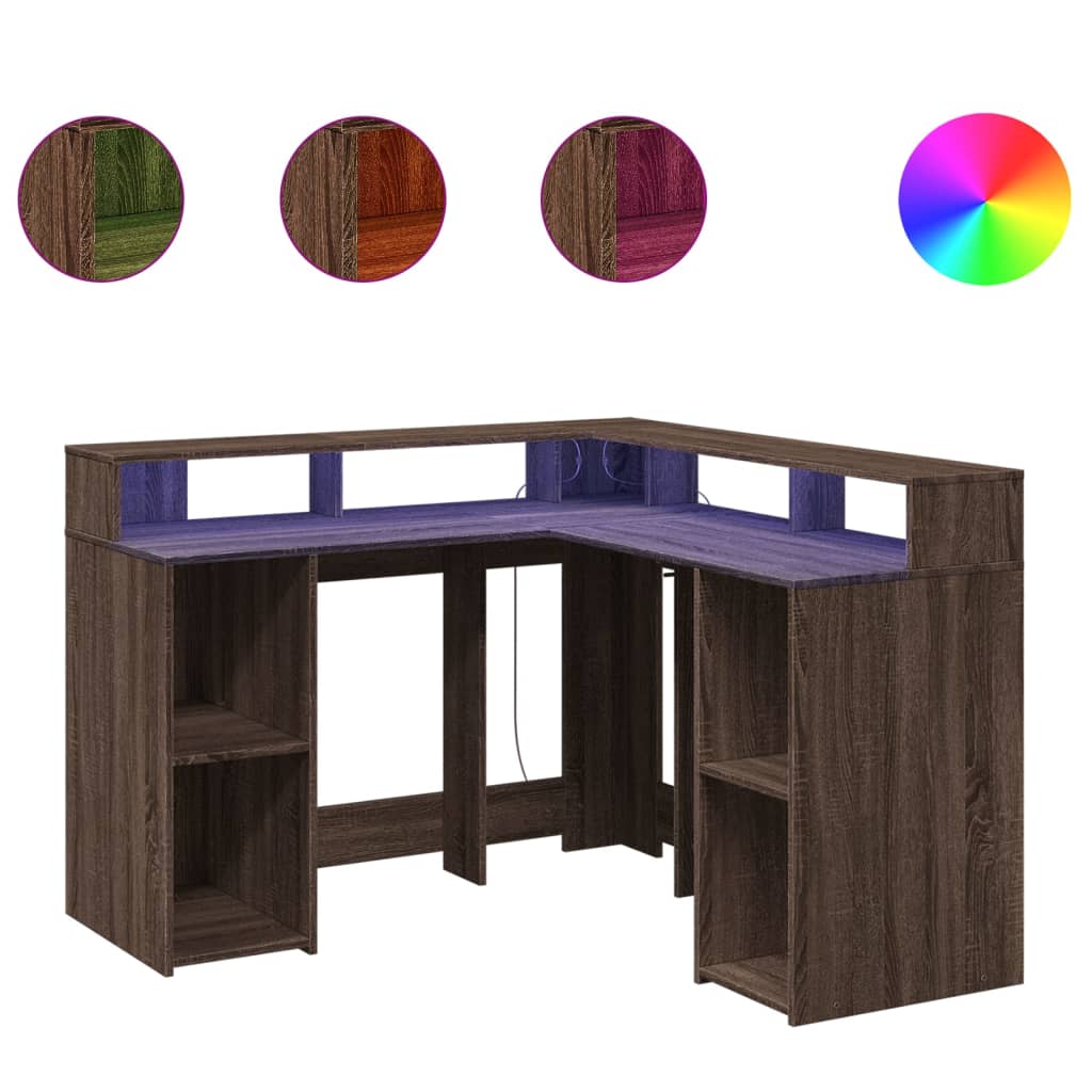 Desk with LED lighting 130x130x91 cm wood brown oak color