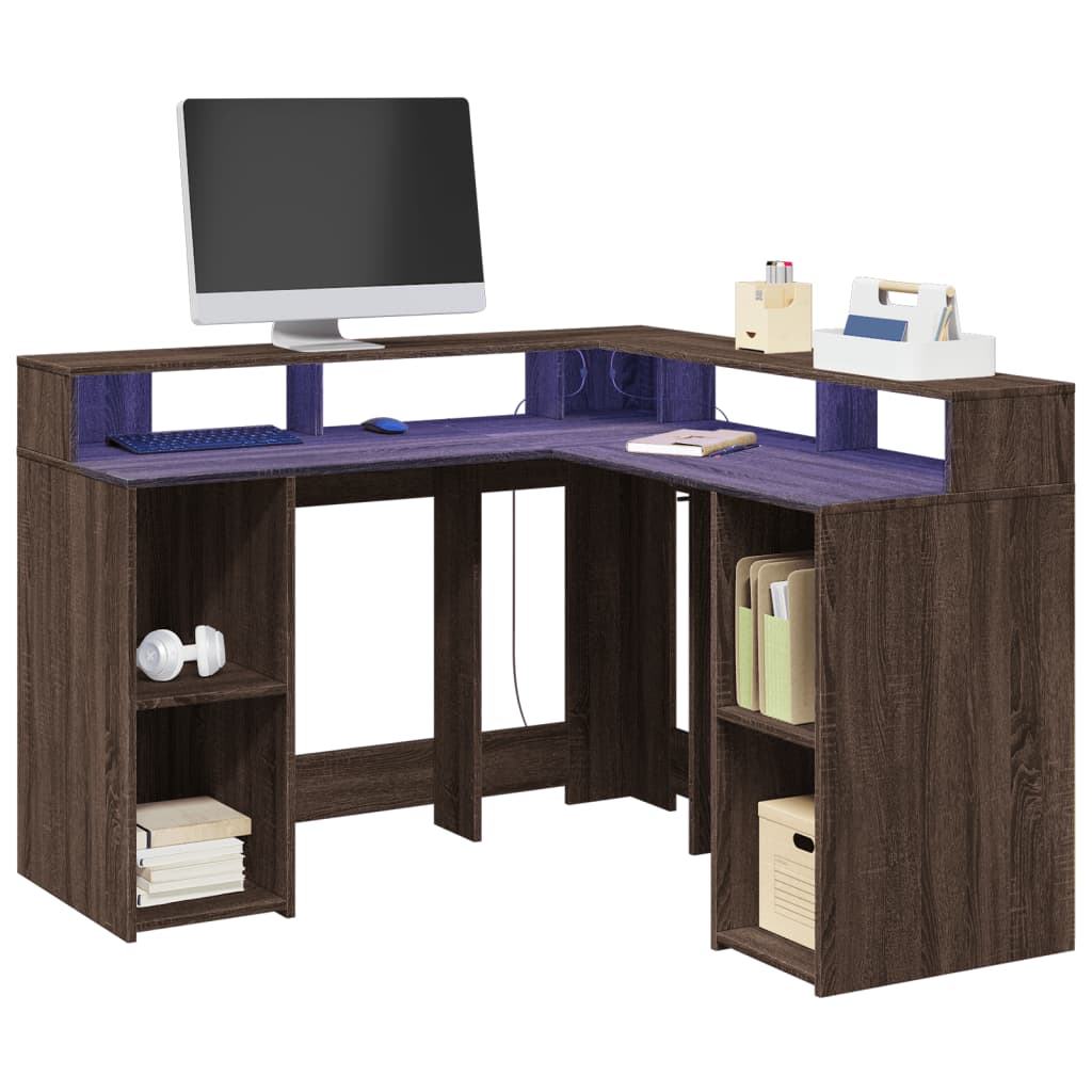 Desk with LED lighting 130x130x91 cm wood brown oak color