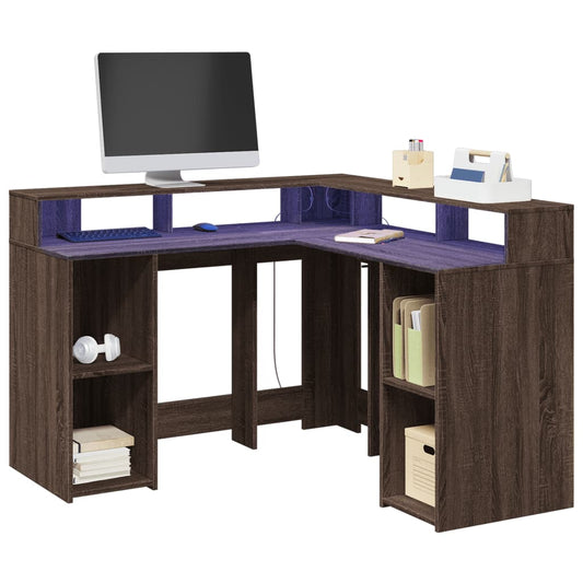 Desk with LED lighting 130x130x91 cm wood brown oak color