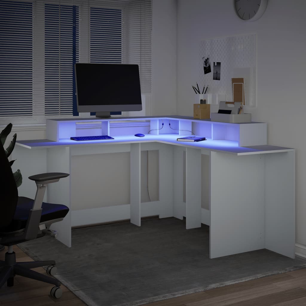 Desk with LED lighting 152x152x91 cm processed wood white