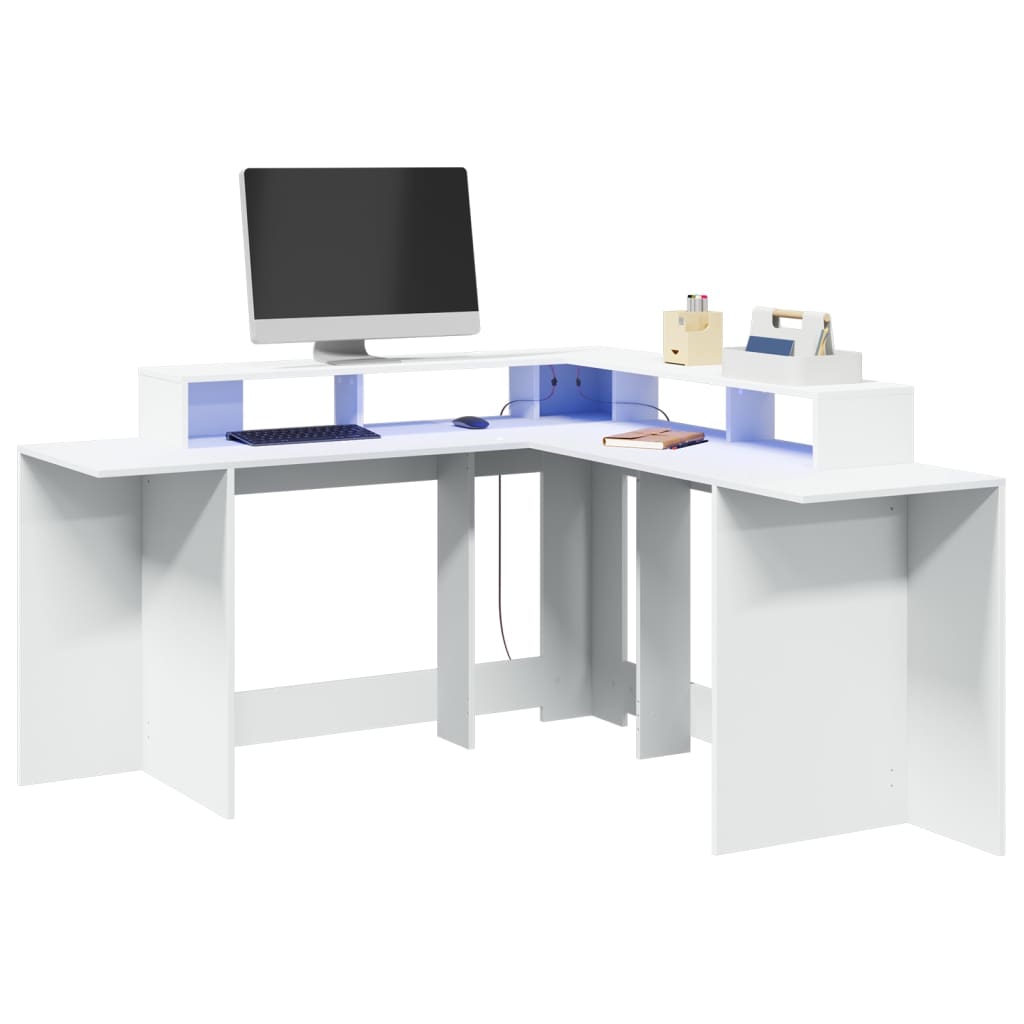 Desk with LED lighting 152x152x91 cm processed wood white