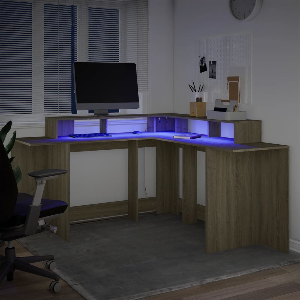 Desk with LED lighting 152x152x91 cm wood sonoma oak color