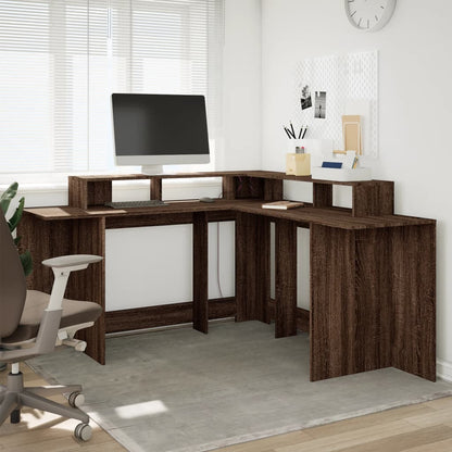 Desk with LED lighting 152x152x91 cm wood brown oak color