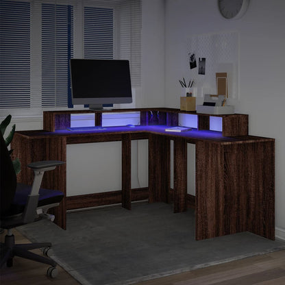 Desk with LED lighting 152x152x91 cm wood brown oak color