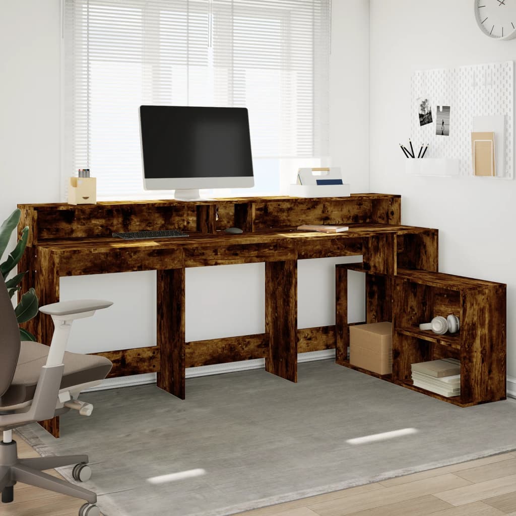 Desk with LED lighting 200x104x91 cm wood smoked oak