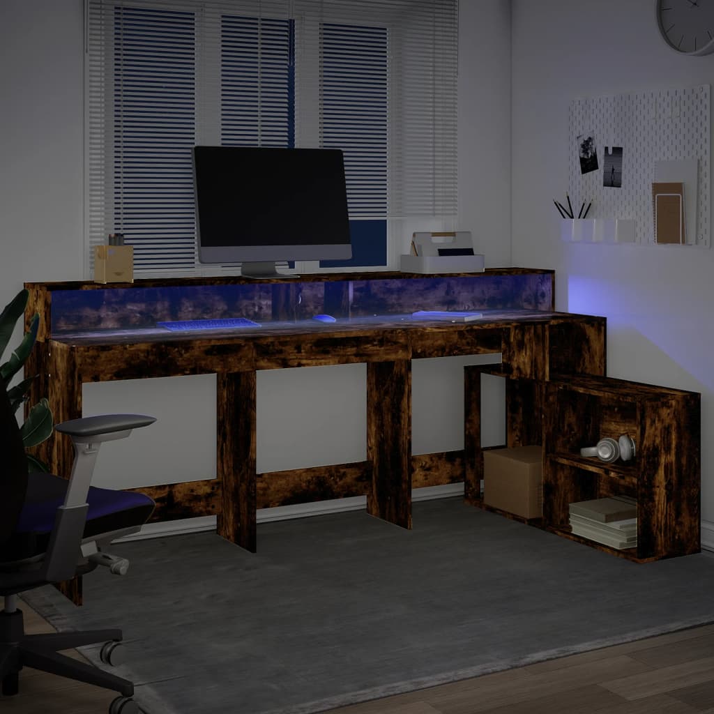 Desk with LED lighting 200x104x91 cm wood smoked oak