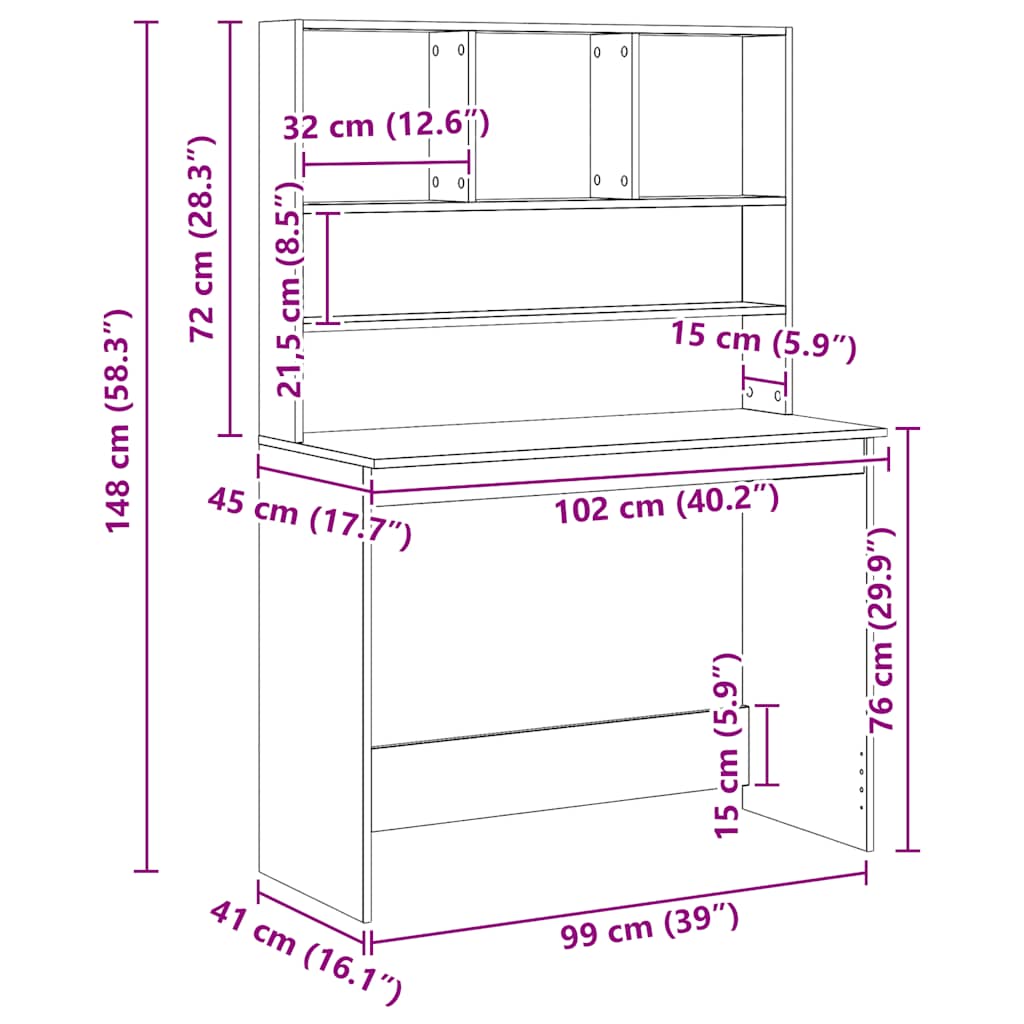 Bureau met schappen 102x45x148 cm bewerkt hout artisanaal eiken