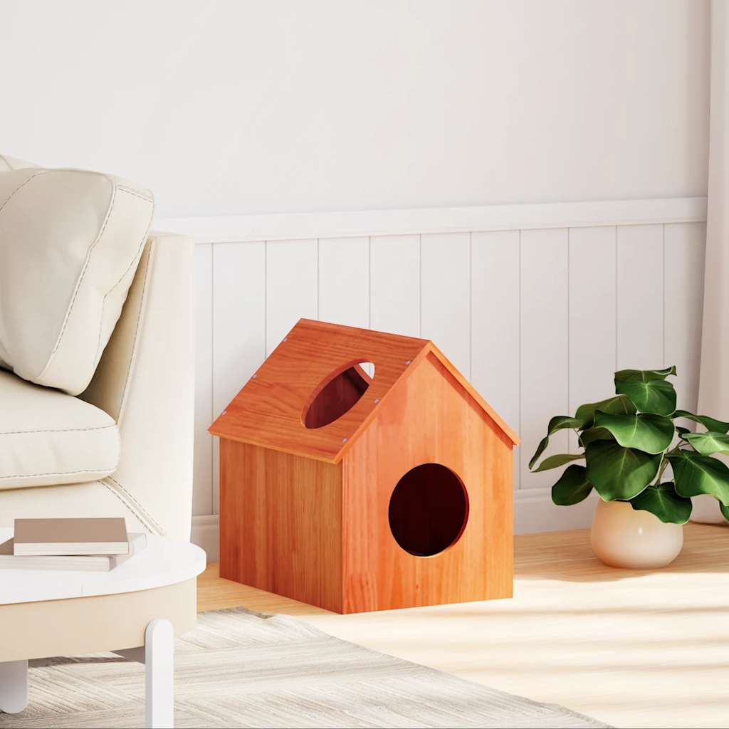 Cat house 41x50x50 cm solid pine wood wax brown