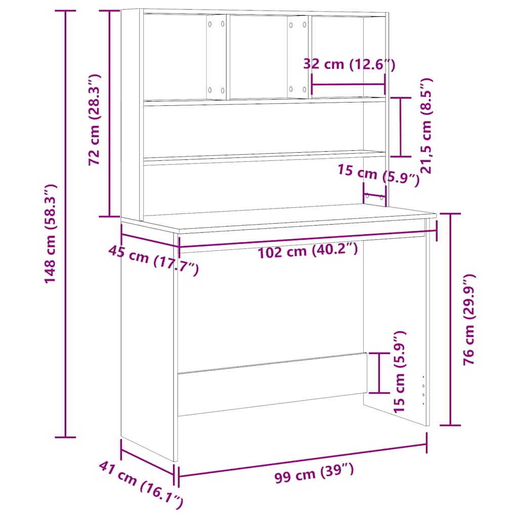 Bureau met schappen 102x45x148 cm bewerkt hout zwart eikenkleur