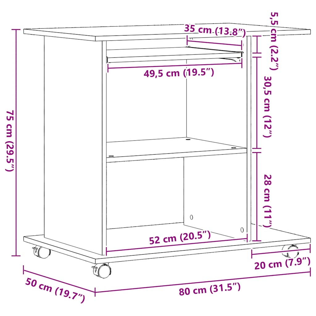 Computerbureau Zwart Eiken 80x50x75 cm Bewerkt Hout