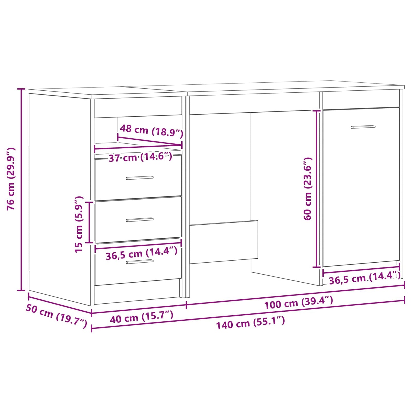 Bureau met lade 2 pcs Zwart Eiken 140 x 50 x 76 cm Bewerkt hout