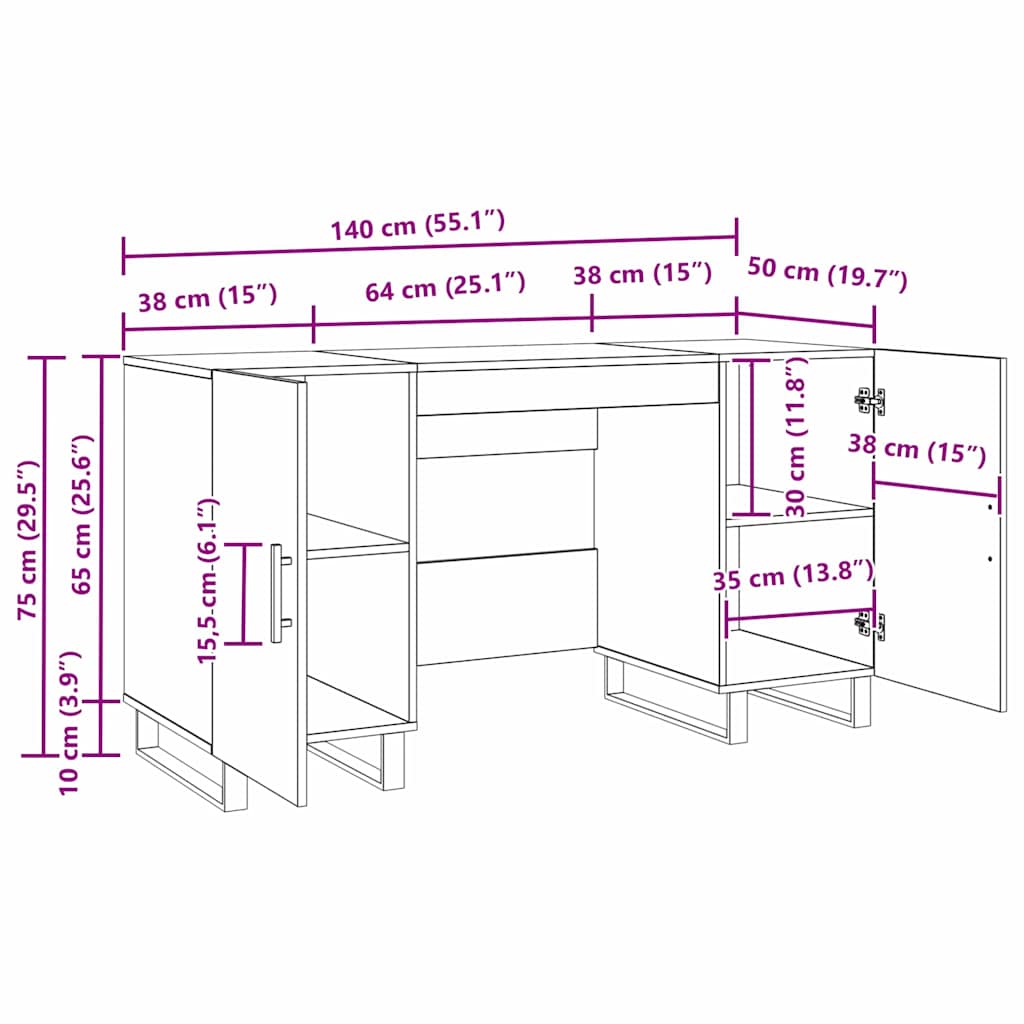 Bureau met plank Zwart eiken 140 x 50 x 75 cm Bewerkt hout