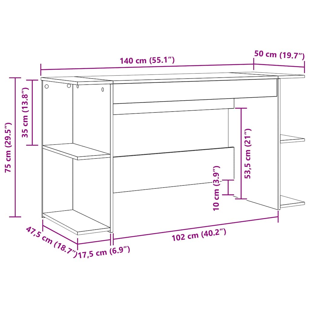 Bureau artisanaal eikenkleurig 140 x 50 x 75 cm Bewerkt hout