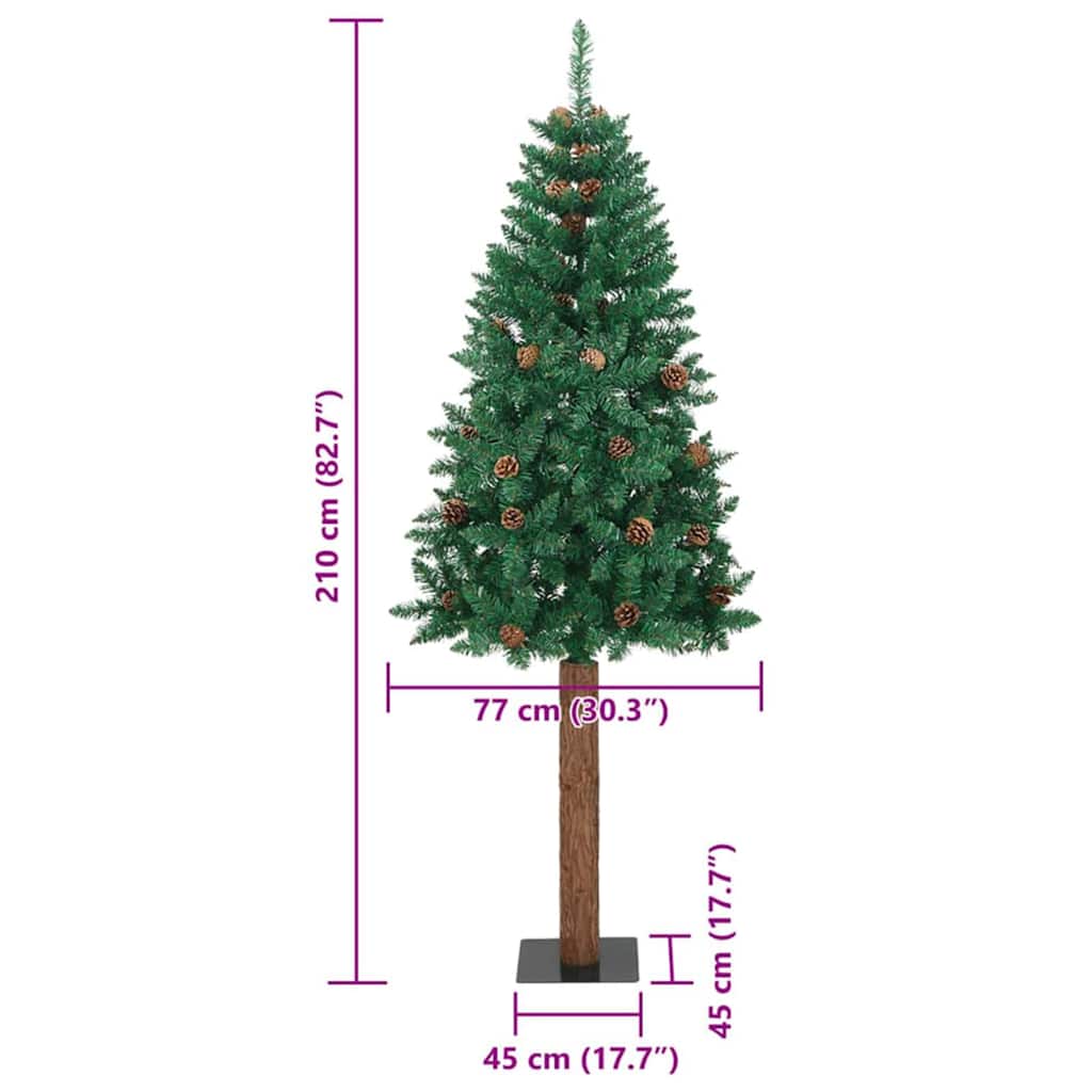Slanke Kerstboom Groen 210 cm PVC en massief dennenhout