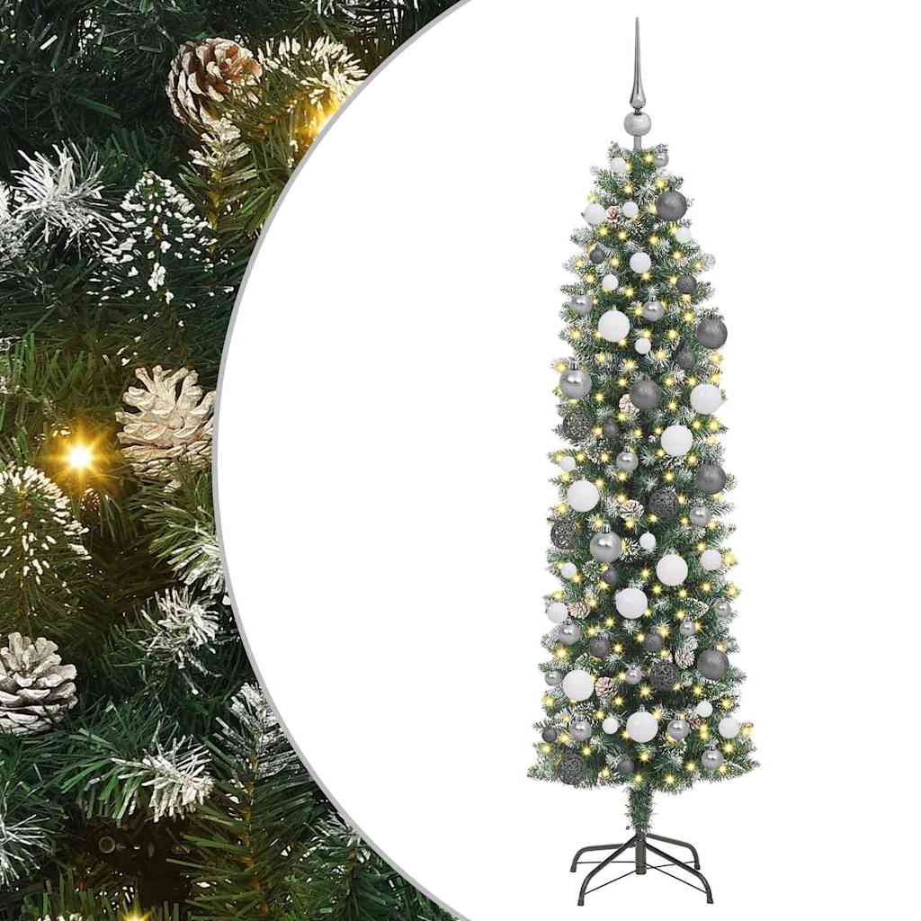 Kunstmatige slanke kerstboom met 300 LED Groen en Wit 180 cm