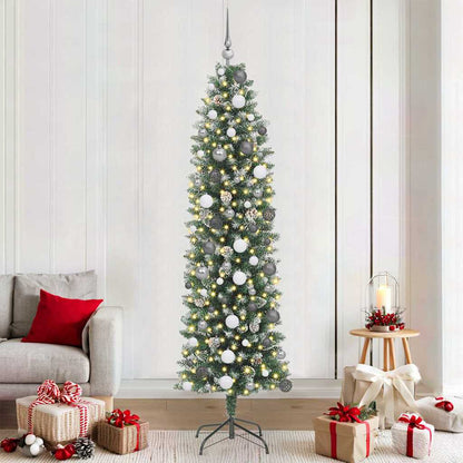 Kunstmatige slanke kerstboom met 300 LED Groen en Wit 210 cm