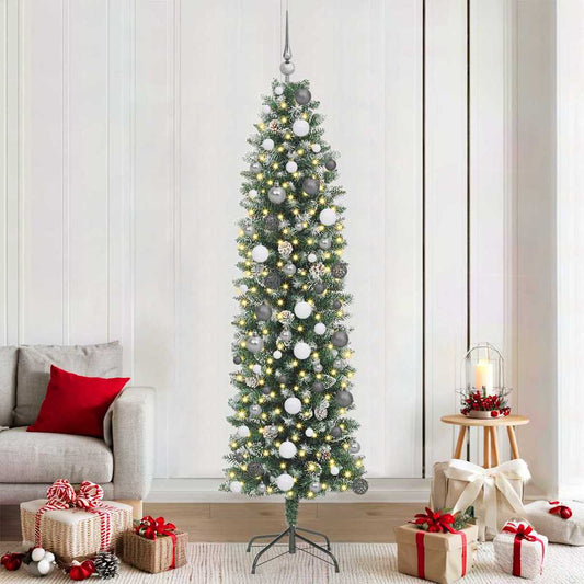 Kunstmatige slanke kerstboom met 300 LED Groen en Wit 210 cm