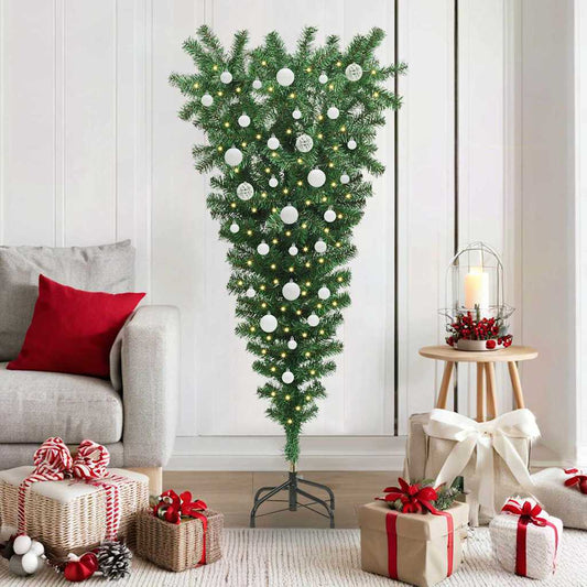 Ondersteboven Kunstkerstboom met Bals Set Groen 150 cm PVC