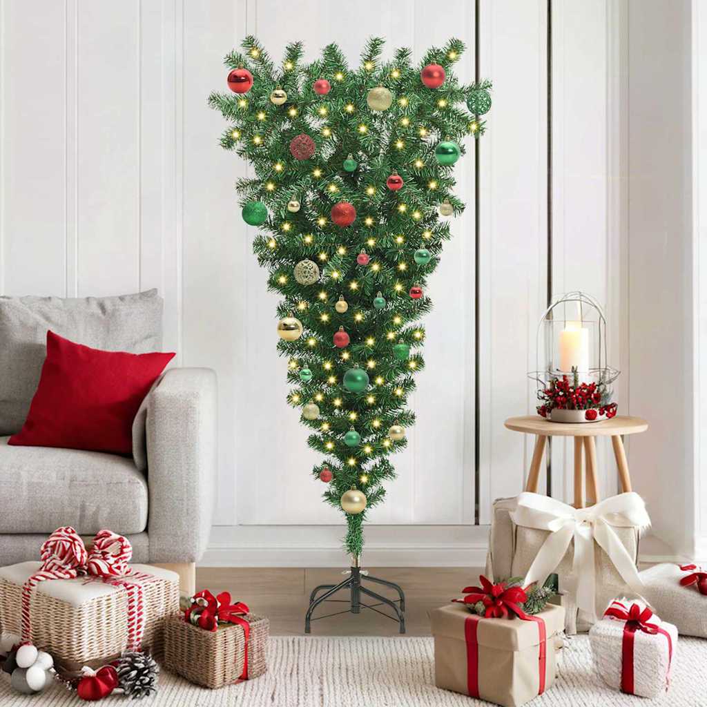 Ondersteboven kunst kerstboom met ballenset Groen 150 cm PVC
