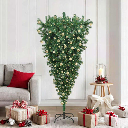 Ondersteboven Kunstkerstboom met Ballenset Groen 180 cm PVC