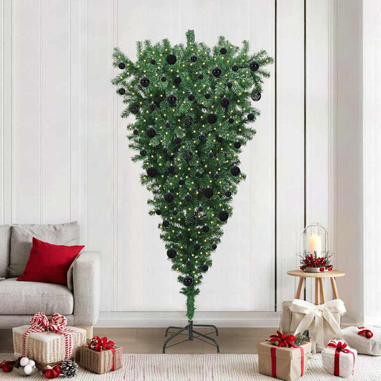 Ondersteboven Kunstkerstboom met Ballenset Groen 210 cm PVC