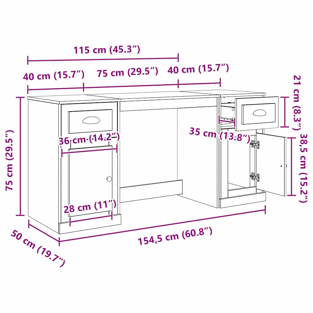 Bureau met kast Zwart Eiken 154,5 x 50 x 75 cm Bewerkt hout