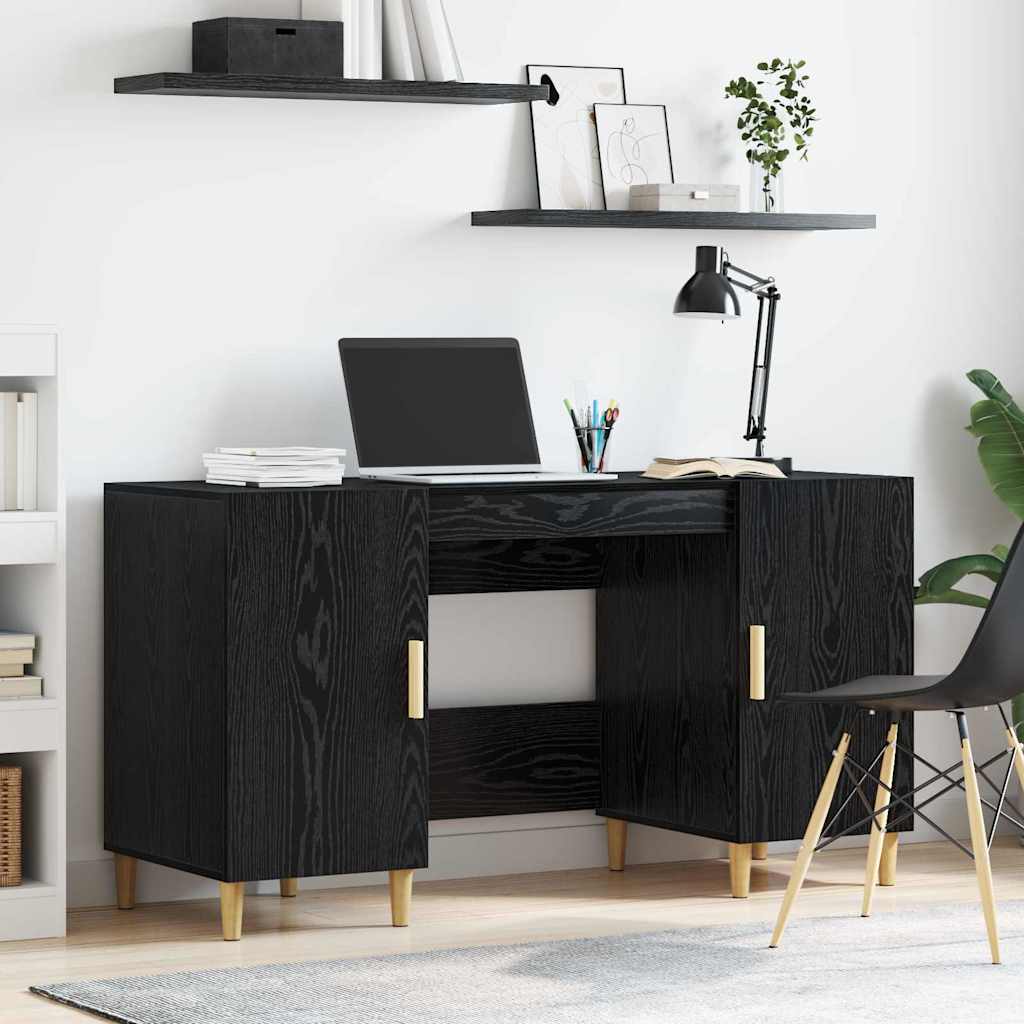 Bureau met plank Zwart Eiken 140 x 50 x 75 cm Bewerkt hout