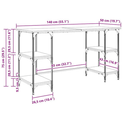 Bureau met plank Zwart Eiken 140 x 50 x 75 cm Bewerkt hout