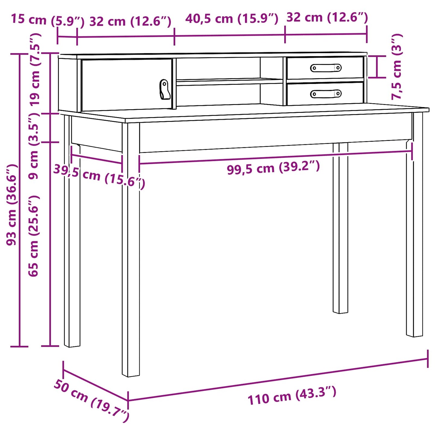 Bureau met lade Wasbruin 110 x 50 x 93 cm Massief Grenen Hout
