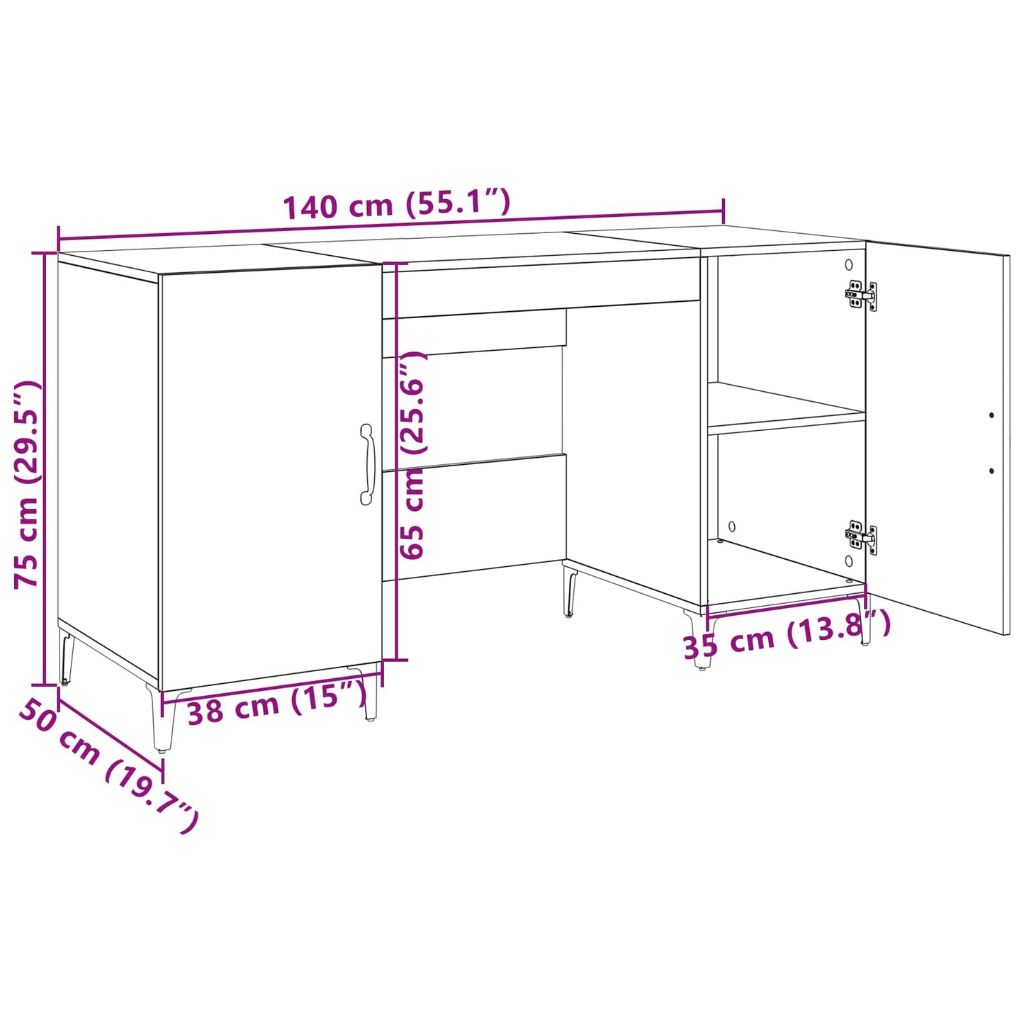Bureau met opslag Oudhout 140 x 50 x 75 cm Bewerkt hout