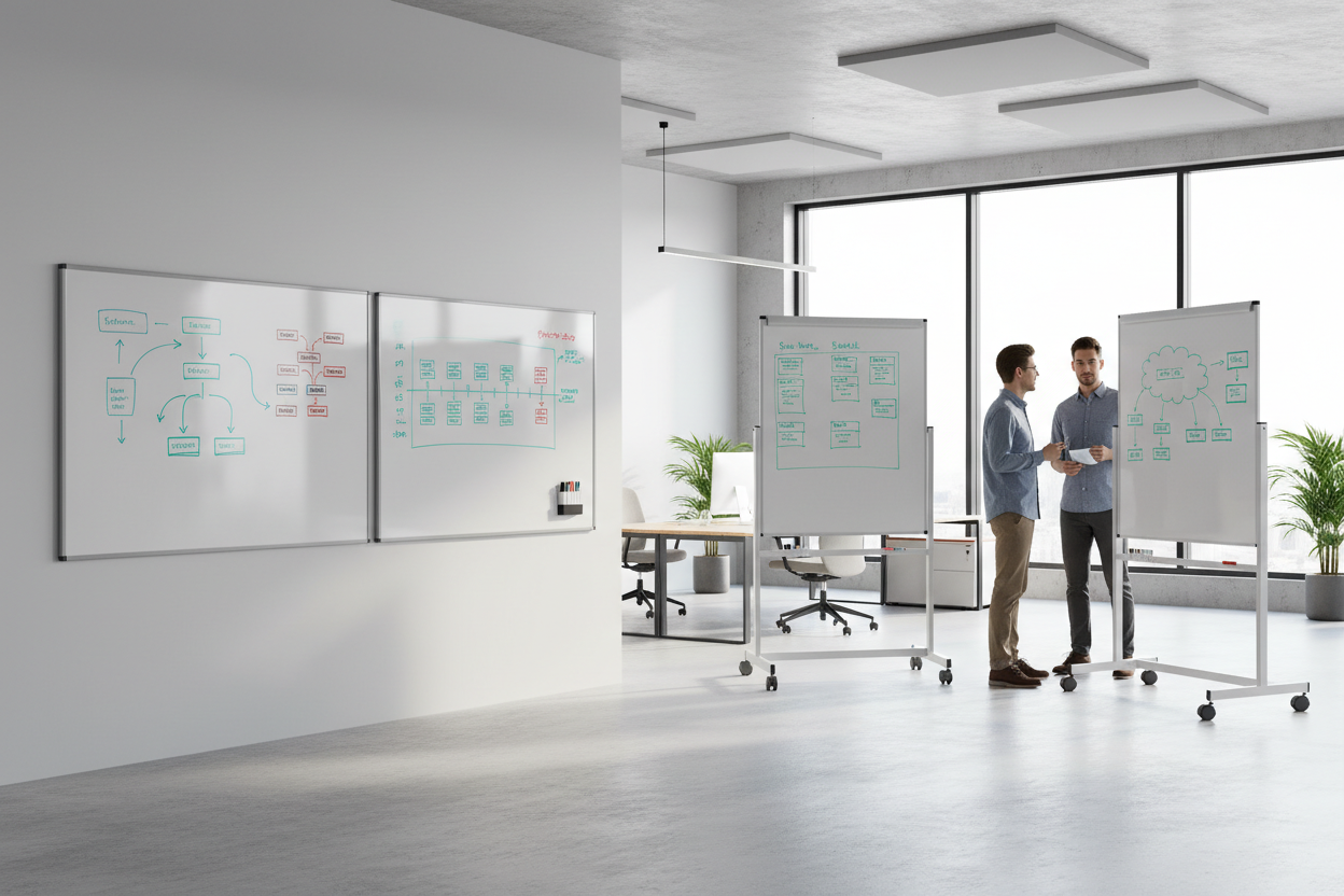 magnetische presentatie borden in een office  aan de muur als ook op een standaard die mobiel is