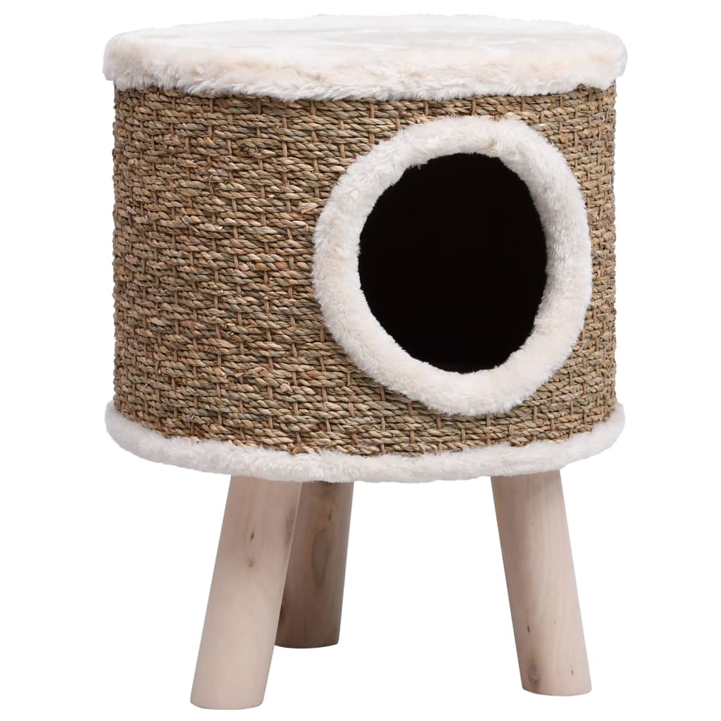 Cat house with wooden legs 41 cm seagrass